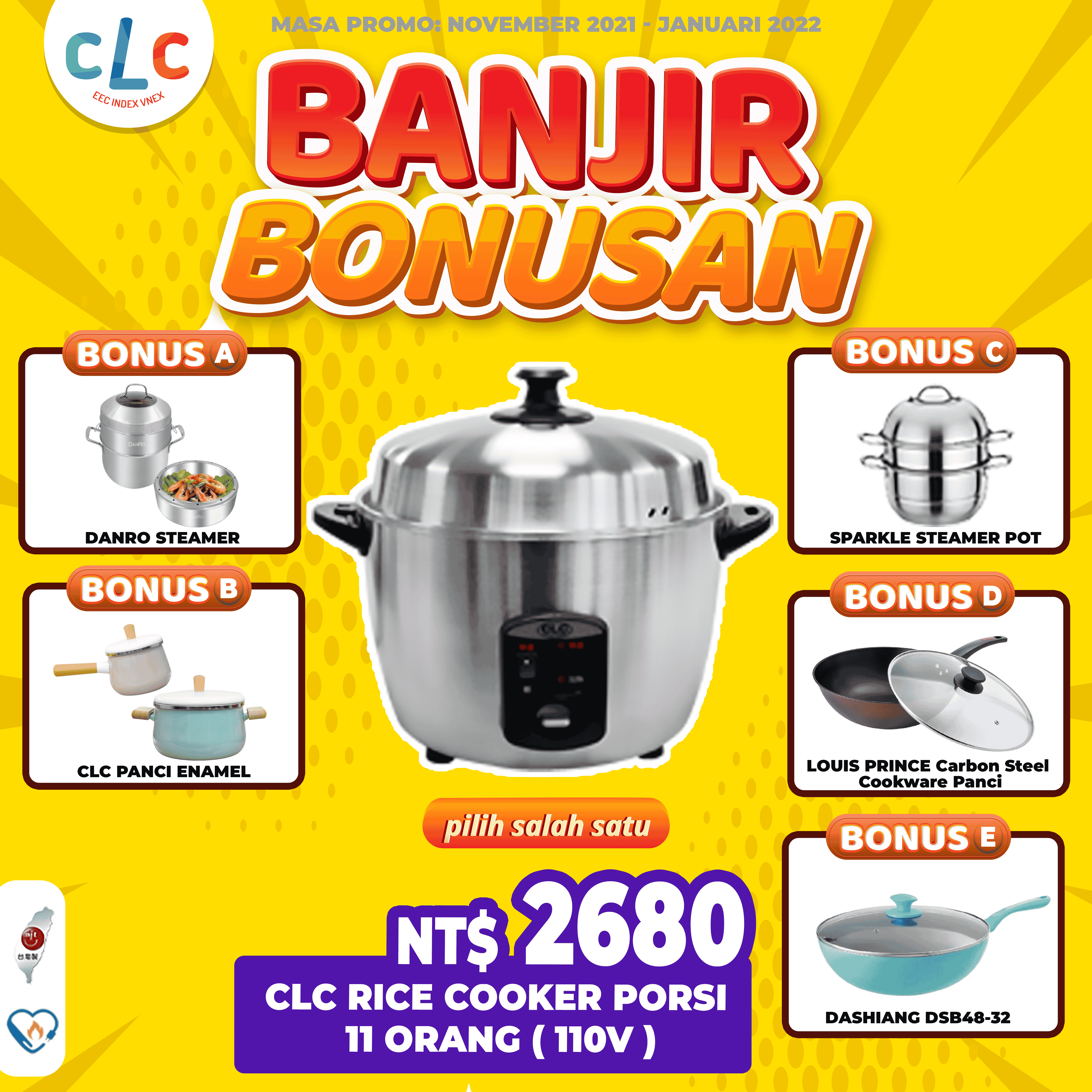 CLC Stainless Steel Rice Cooker 110V (SILVER)